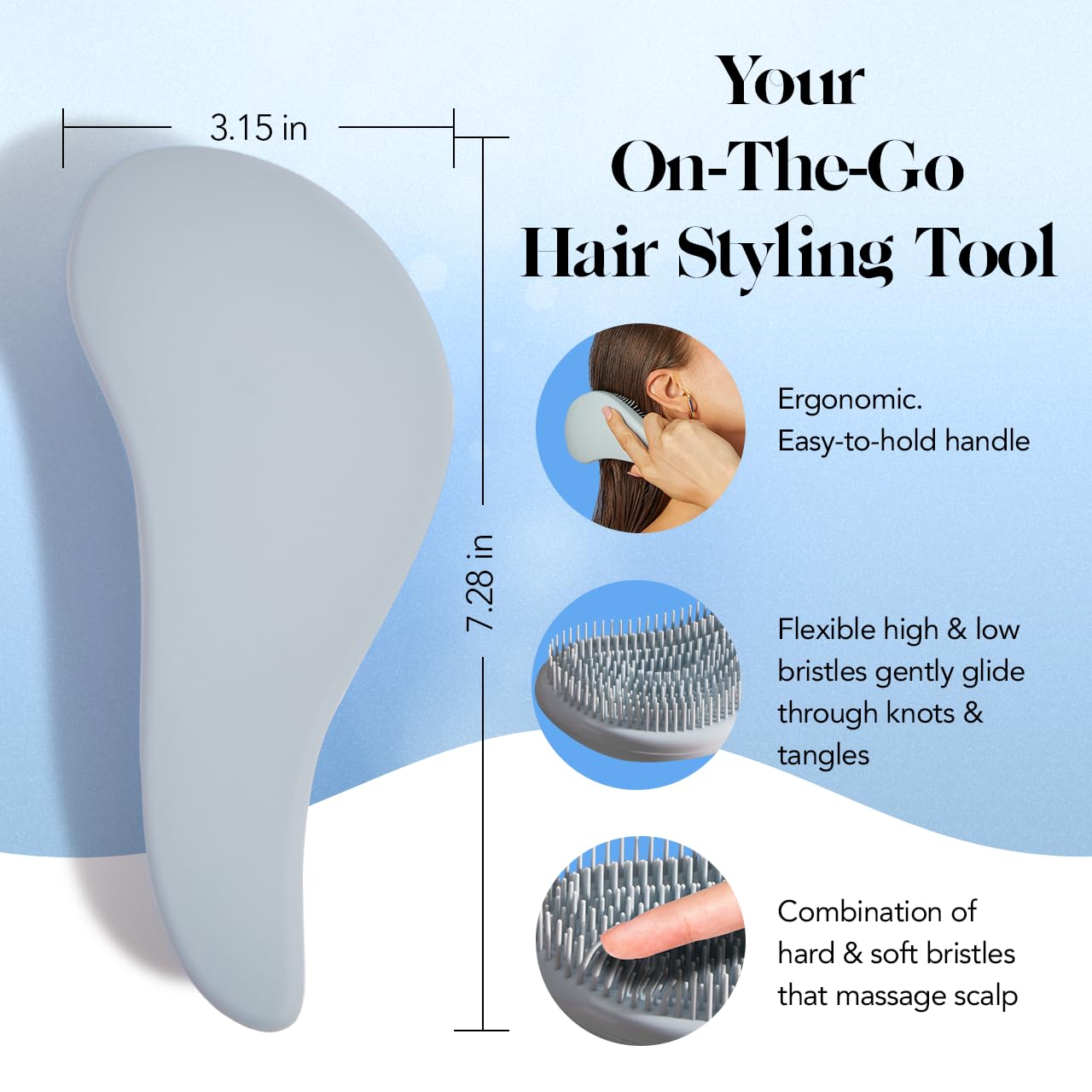 Kitsch Detangler Hair Brush for Curly or Straight, Wet and Dry Hair, Detangling Brush with Flexible Hairbrush Bristles, Hair brushes for Women & Men, Adults & Kids, for Shower & Travel - Haze Blue