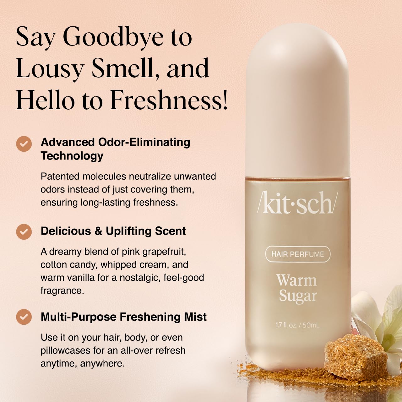 Kitsch Warm Sugar Hair Perfume For Women - Clean, Deodorizing, and Patented Odor-Eliminating Technology, Body Mist - Freshen Hair, Body & Pillows - Sweet Pink Grapefruit & Warm Vanilla Scent - 50ml